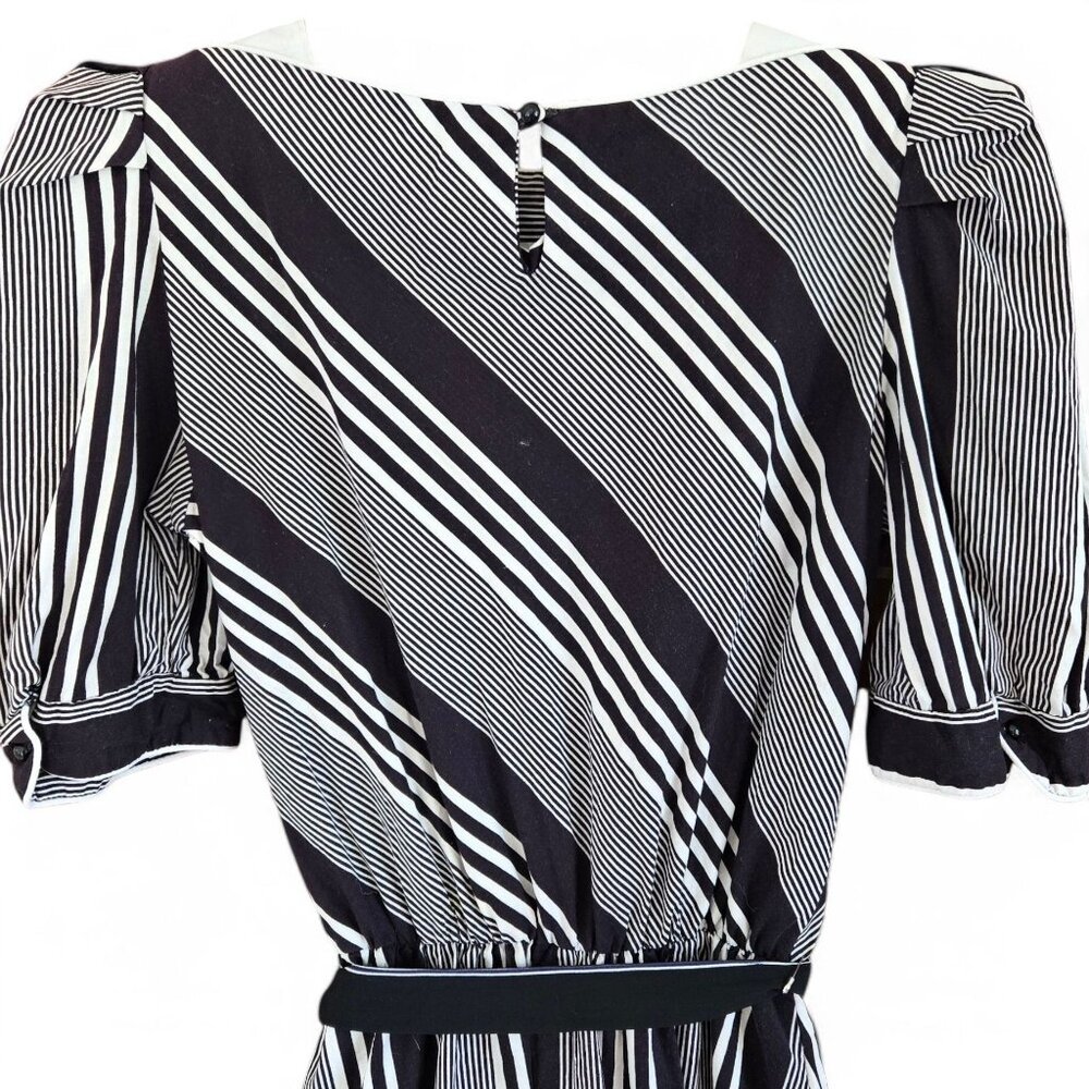 Vintage Brown & White Striped Midi Dress | Handmade 1980s Elastic Waist - Picture 14 of 16